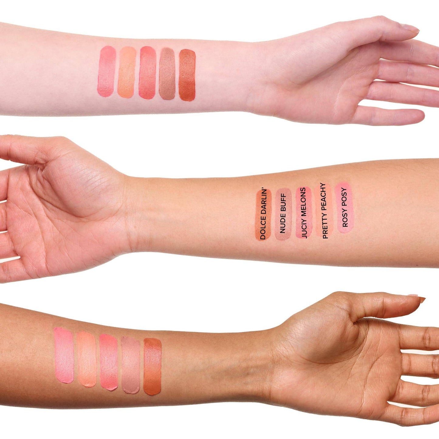 Light skinned young woman wearing Nudies Matte Lux in shade Pretty Peachy