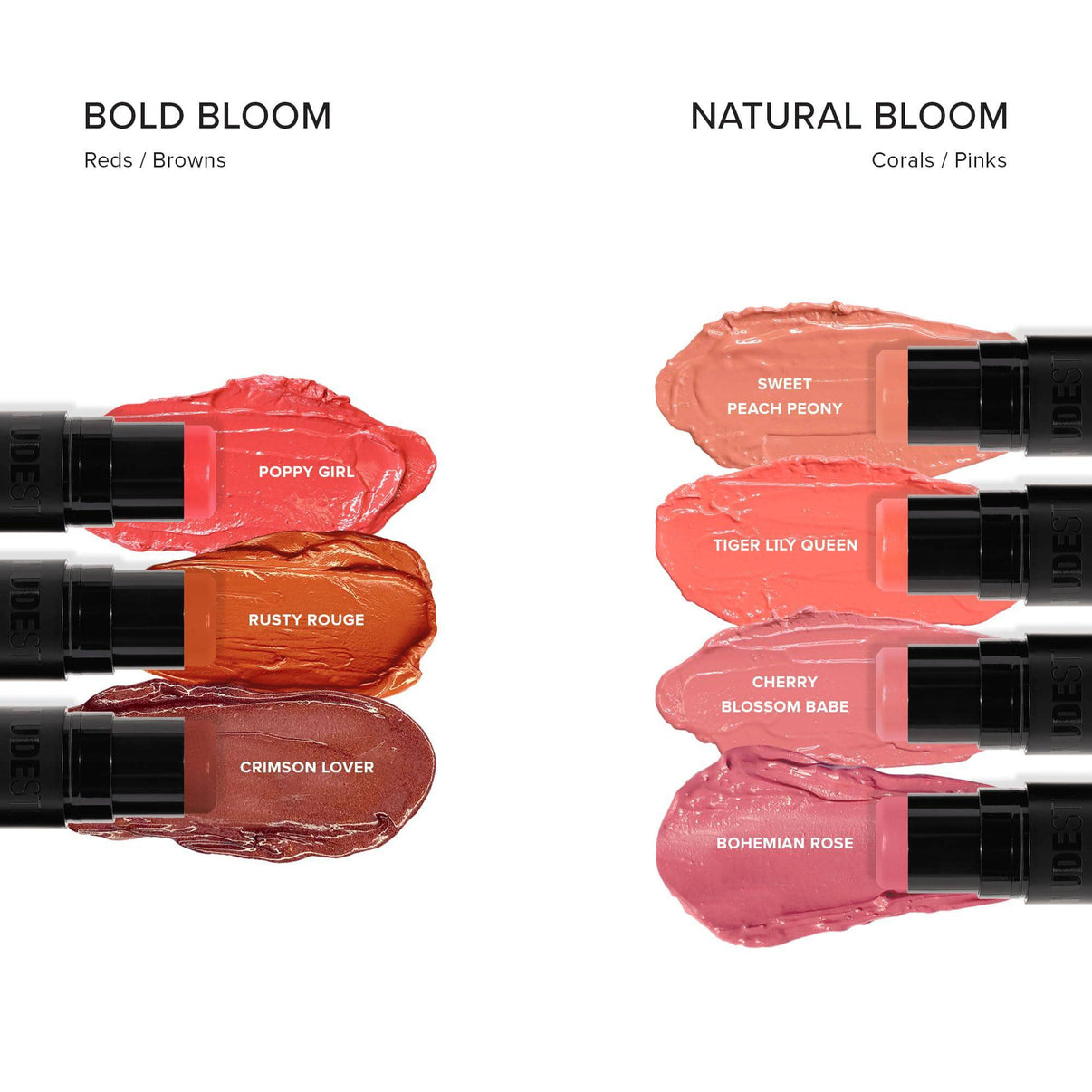 Nudies Bloom in shade Rusty Rouge flat lay with texture swatch