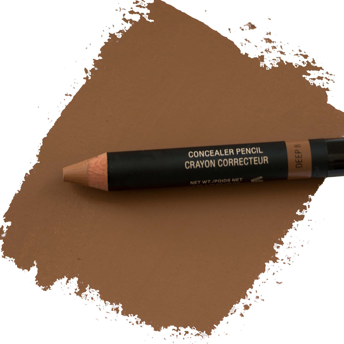 Concealer pencil in shade deep 8 flat lay with texture swatch