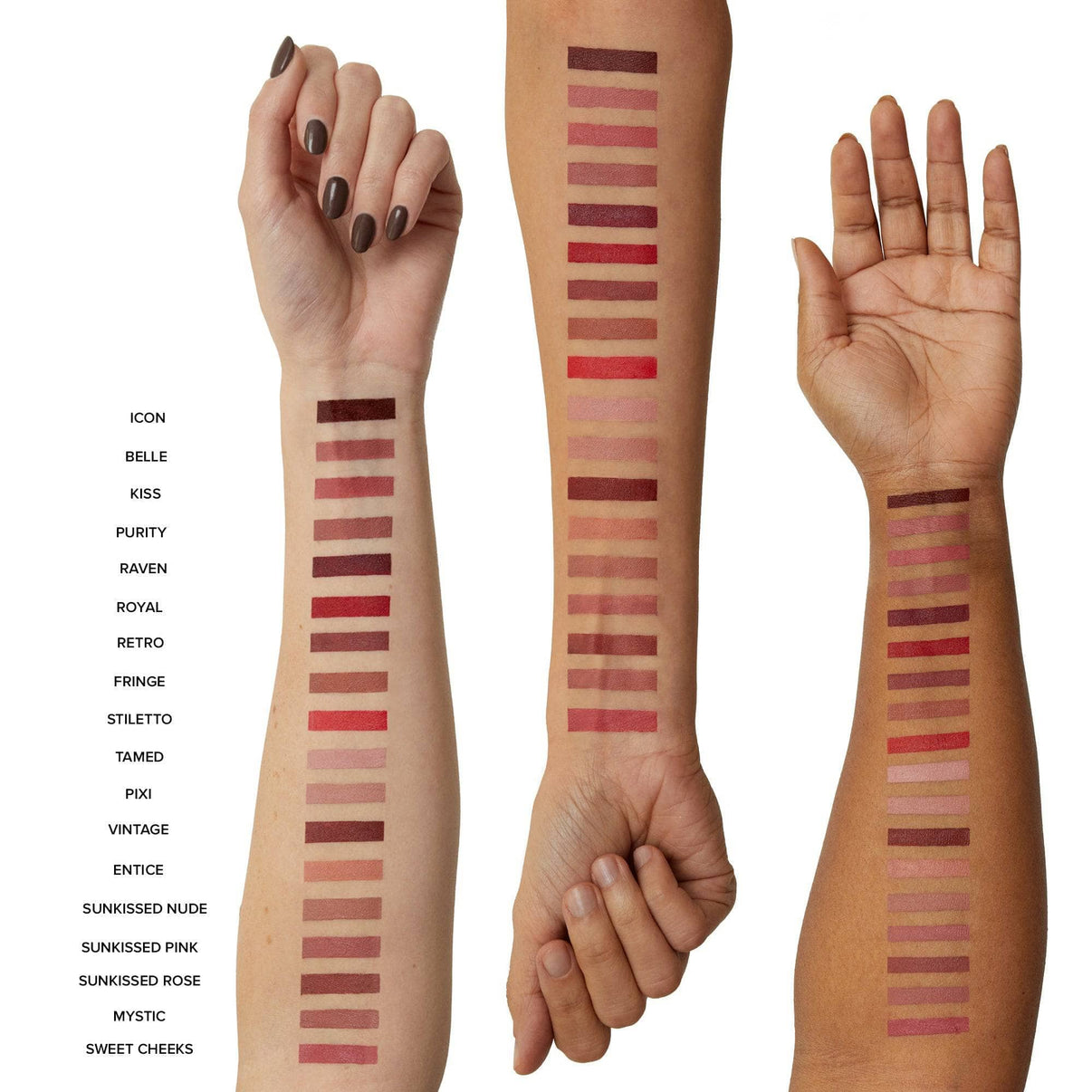 Three arms with swatches of all shades of Intense Matte Lip + Cheek pencil