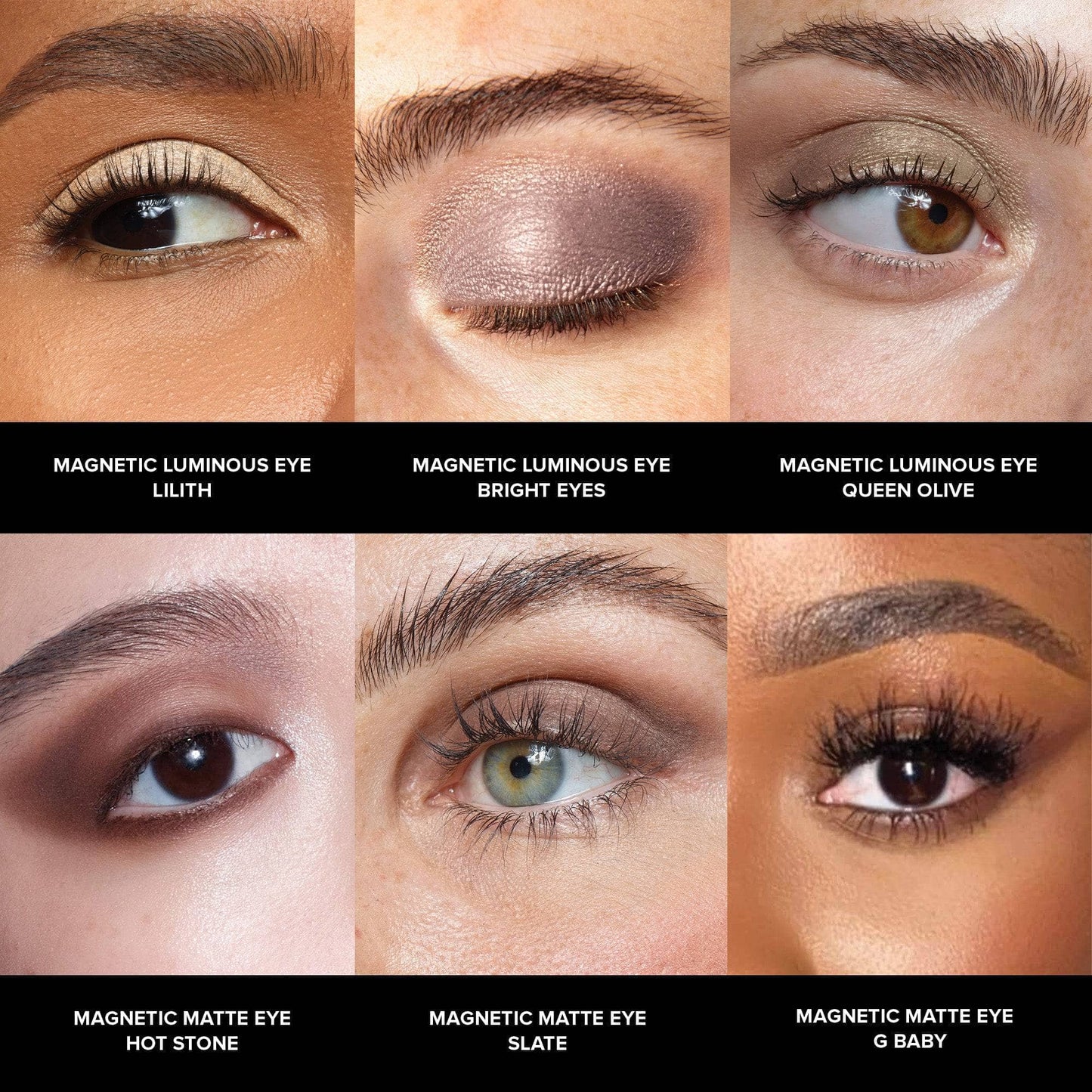 6 eyes grid with different eye colors and skin tones wearing Nude Earth Eye Palette