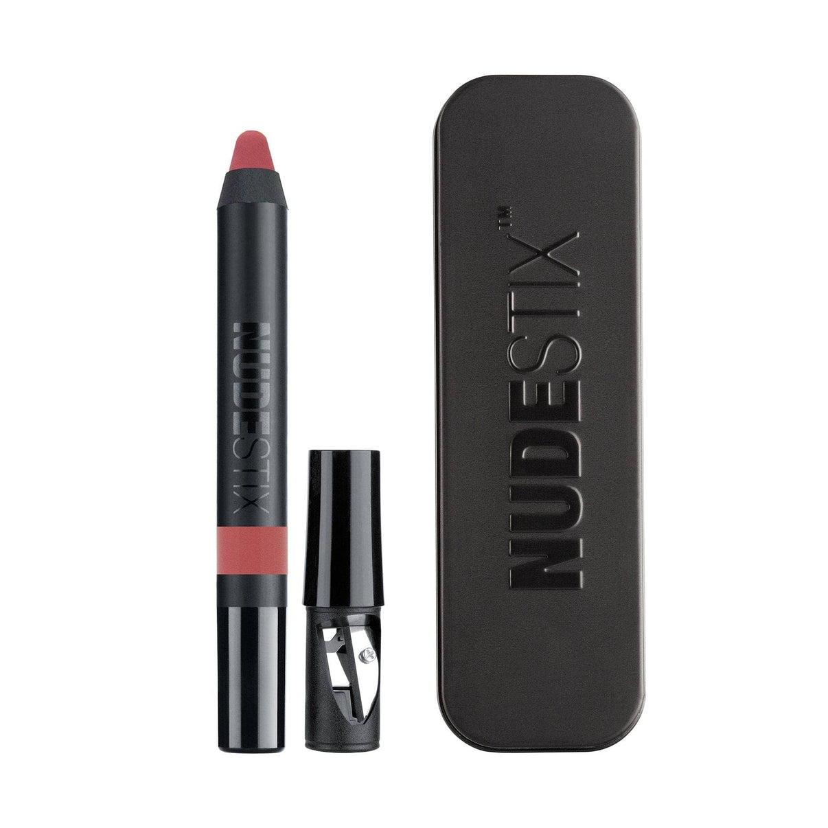 Intense Matte Lip + Cheek pencil in shade kiss with sharpener and Nudestix can