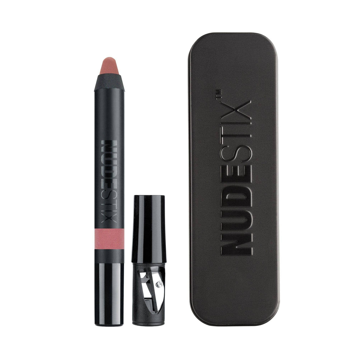 Intense Matte Lip + Cheek pencil in shade pixi with sharpener and nudestix can