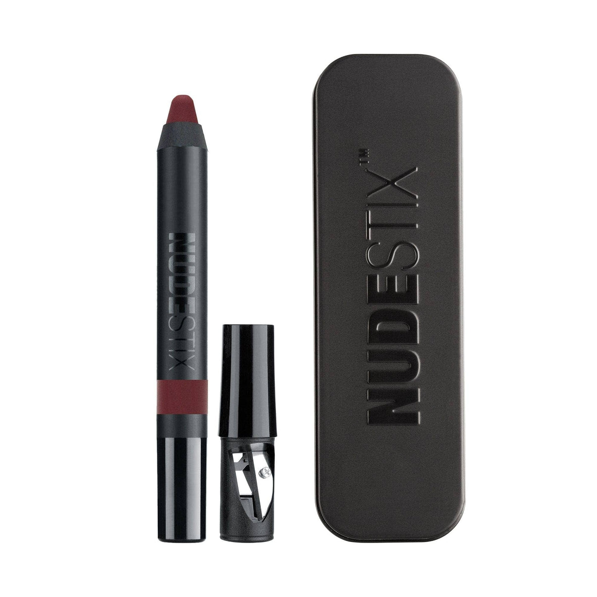 Intense Matte Lip + Cheek pencil in shade raven with sharpener and nudestix can